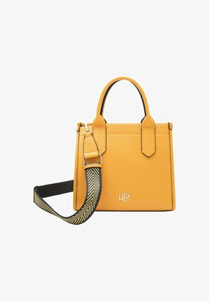 Sac à main en cuir jaune au design structuré, avec des poignées doubles, une bandoulière amovible à rayures noires et jaunes, et un logo en relief à l'avant.