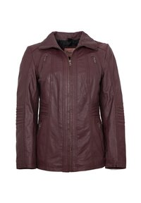 Burgunderfarbene Lederjacke mit Reißverschluss, strukturierten Schultern, horizontalen Nahtakzenten und zwei seitlichen Taschen. Glatte Textur.