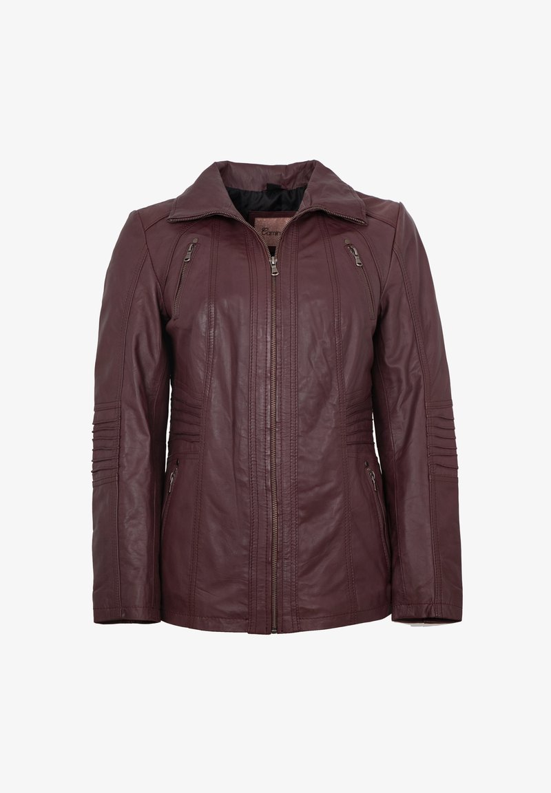 Burgunderfarbene Lederjacke mit Reißverschluss, strukturierten Schultern, horizontalen Nahtakzenten und zwei seitlichen Taschen. Glatte Textur.
