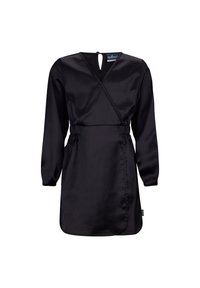 Schwarzes Wickelkleid aus Satin, mit langen Ärmeln, V-Ausschnitt, elastischen Taillenbändern und einem Schlüsselrückenverschluss. Glatte Textur im gesamten Kleid.
