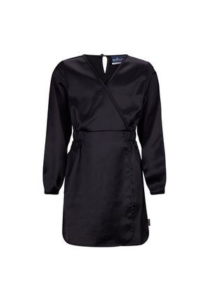 Abito avvolgente nero in satin, con maniche lunghe, scollo a V, cintura elastica e chiusura a fessura sul retro. Texture liscia in tutta la sua superficie.