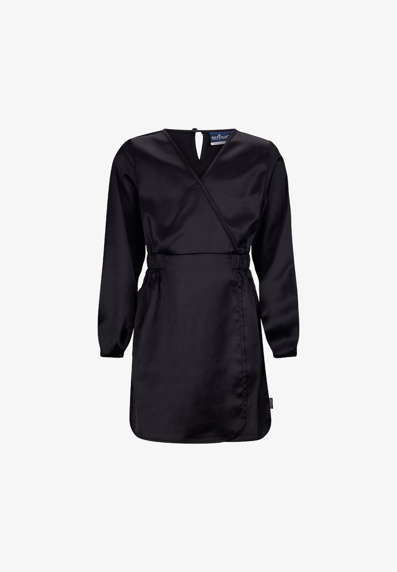 Schwarzes Wickelkleid aus Satin, mit langen Ärmeln, V-Ausschnitt, elastischen Taillenbändern und einem Schlüsselrückenverschluss. Glatte Textur im gesamten Kleid.