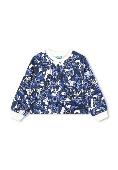 Sweat-shirt à motif floral avec des designs bleu marine et bleu sur un fond blanc, avec des poignets et un col côtelés. Étiquette de marque visible.