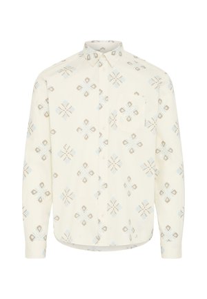 Chemise crème à manches longues avec motifs floraux géométriques beiges et bleu clair, fermeture boutonnée sur le devant, col et poche poitrine.