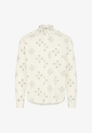 Chemise crème à manches longues avec motifs floraux géométriques beiges et bleu clair, fermeture boutonnée sur le devant, col et poche poitrine.