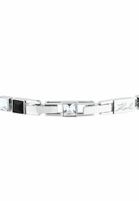 Bracciale in argento con pietre quadrate nere e trasparenti alternate, maglie piatte e nome del marchio inciso per una finitura lucida.