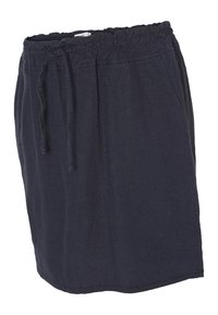 Navy blue linen skirt with an elastic waistband, drawstring, and side pockets. The fabric has a smooth texture and falls above the knee.