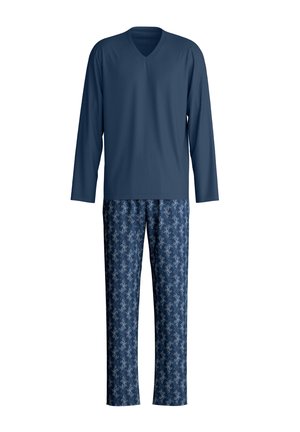 Haut à manches longues en V de couleur marine associé à un pantalon de pyjama à motifs avec un design de feuilles bleu clair sur fond bleu foncé.