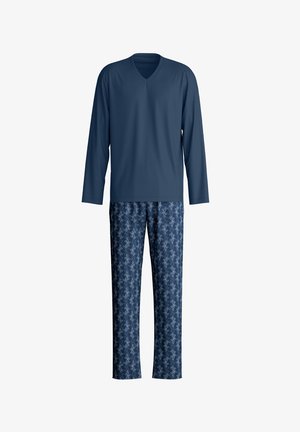 Navy lange mouw V-hals top gecombineerd met gepatterneerde pyjamabroek die een lichtblauw bladdesign op een donkerblauwe achtergrond toont.