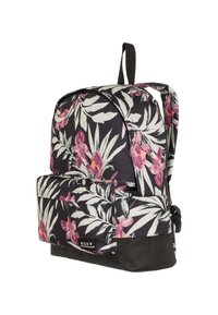 Sac à dos noir à motifs floraux avec des orchidéés roses et des feuilles vertes, doté d'une poche avant et d'un fond noir, fabriqué en tissu durable.