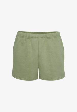 Pantalones cortos de algodón verde con una cinturilla elástica, que cuentan con una textura suave y un diseño sencillo. Los dobladillos están terminados con una costura recta.