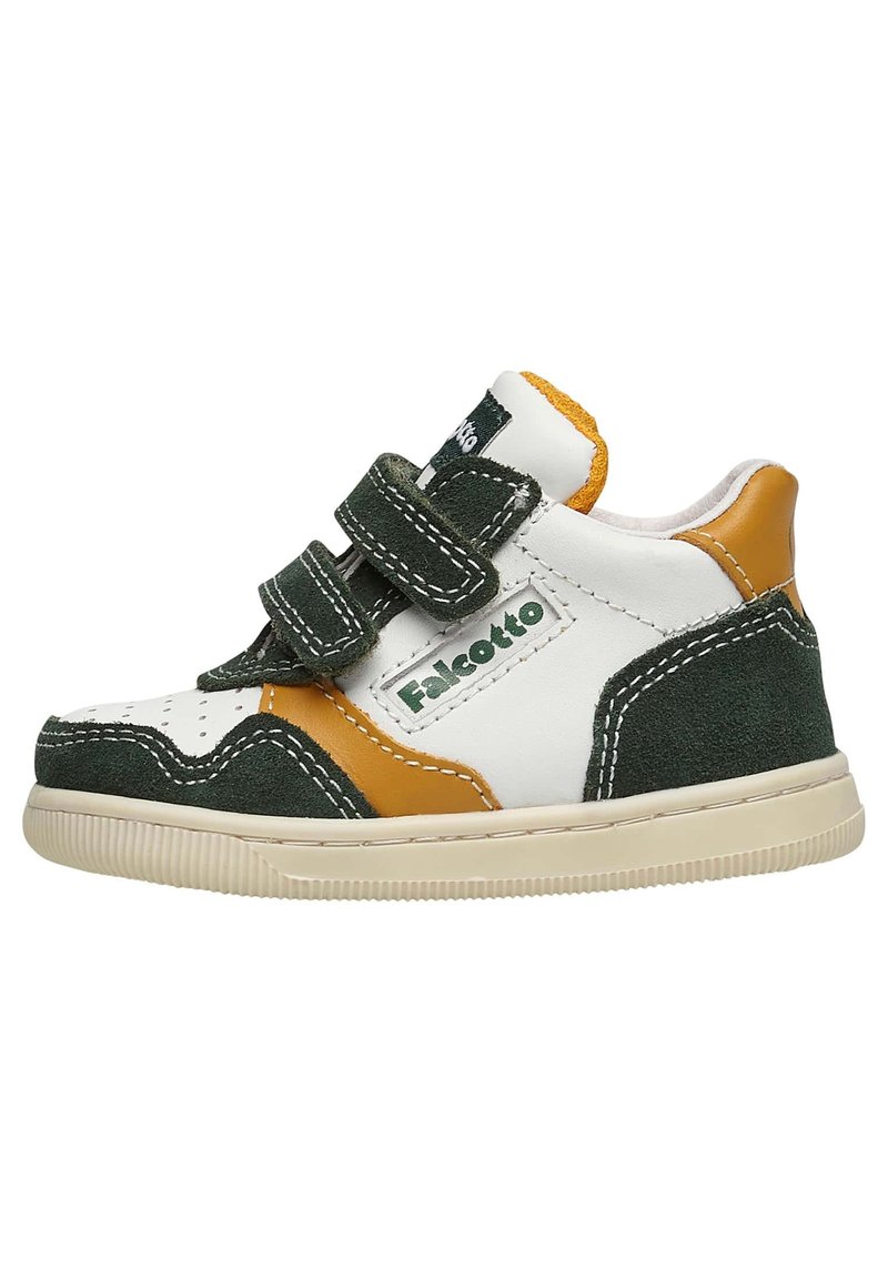 Sneaker per bambini in verde, bianco e giallo, realizzata con materiali in suede e pelle, dotata di doppie cinghie Velcro e suola in gomma.