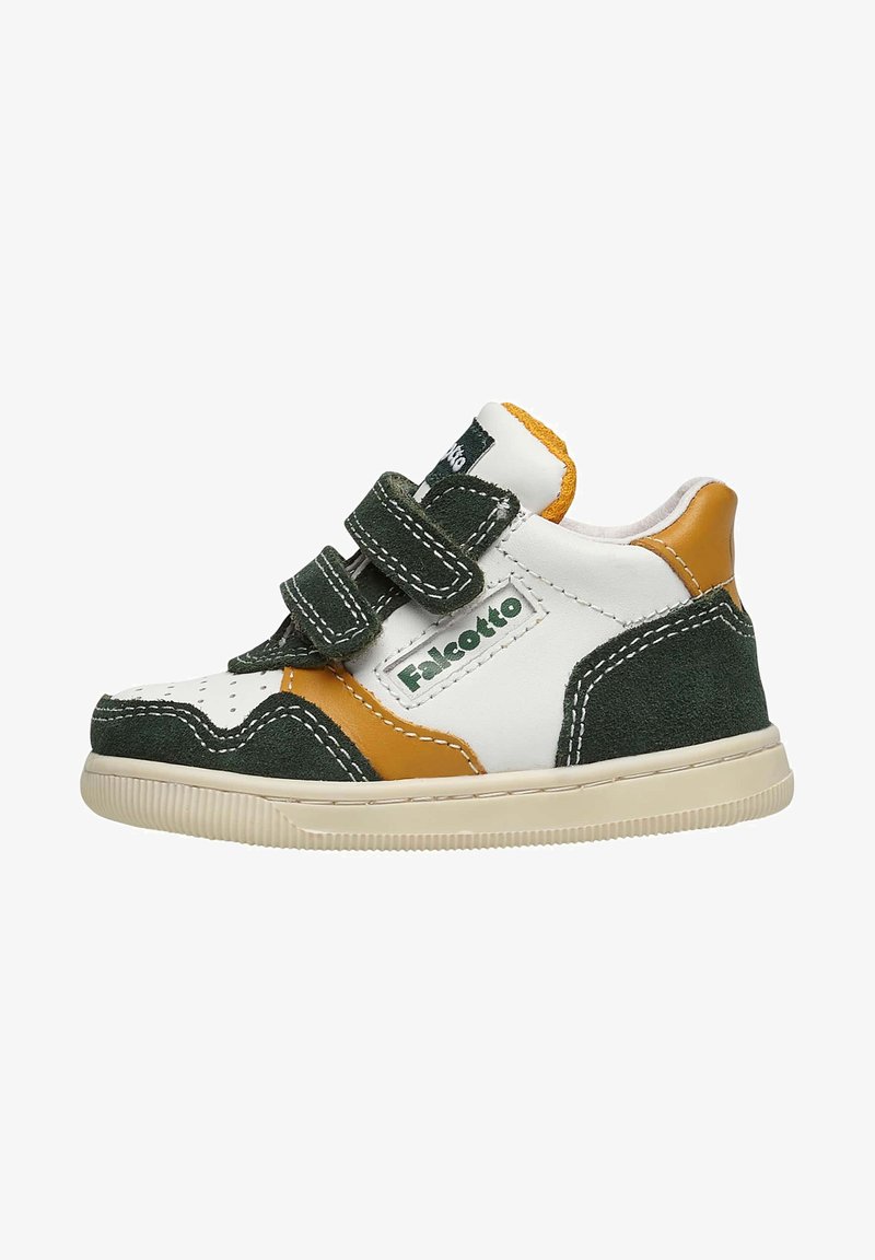 Sneaker per bambini in verde, bianco e giallo, realizzata con materiali in suede e pelle, dotata di doppie cinghie Velcro e suola in gomma.