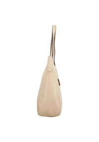 Beige leather tote bag with a smooth texture, a single shoulder strap, and a tapered shape. Features a zipper closure along the top.