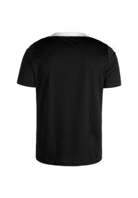 Zwarte t-shirt met een ronde halslijn, korte mouwen en een gladde textuur. Heeft een contrasterende witte kraag. Klassiek pasvorm ontwerp.