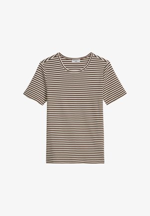 Kurzärmeliges T-Shirt mit Rundhalsausschnitt und horizontalen braunen und weißen Streifen, flach auf weißem Hintergrund liegend.