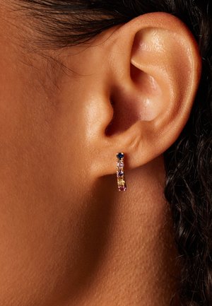 Boucle d'oreille en or avec des pierres précieuses colorées : bleu, rose, violet et jaune. Texture lisse, forme compacte, fixée près de l'oreille.