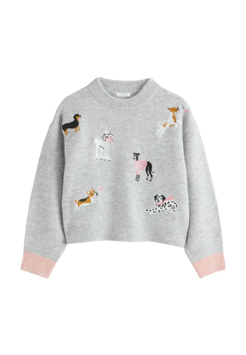 Jersey gris claro con cuello y puños acanalados, decorado con diseños de perros juguetones bordados en colores y detalles rosas en los puños.