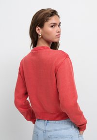 Coral knit sweater with a ribbed collar and cuffs, featuring a cropped design. The model is shown from the back with light-wash jeans.