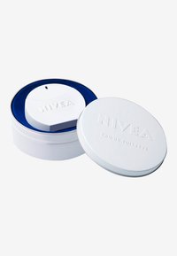 Runder, weißer Nivea Eau de Toilette Behälter mit blauer Innenauskleidung und einem einzigartig geformten, weißen Spender mit Nivea-Logo im Inneren.