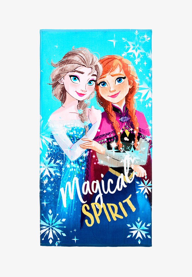 Twee geanimeerde meisjes met gevlochten haar in jurken met winterthema omhelzen elkaar, omringd door sneeuwvlokken en de woorden "Magische Geest" op een blauwe achtergrond.