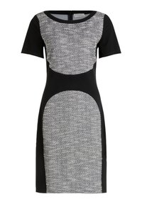 Schwarzes Kleid mit einem strukturierten grauen Einsatz mit horizontalen Streifen, kurzen Ärmeln und rundem Hals. Reißverschluss auf der Rückseite.