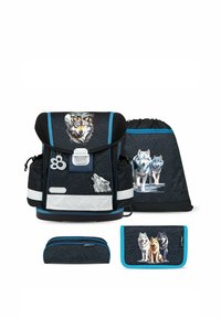 Wolf-themed backpack set featuring a black design with blue accents, textured fabric, and animal graphics. Includes a pouch and drawstring bag.