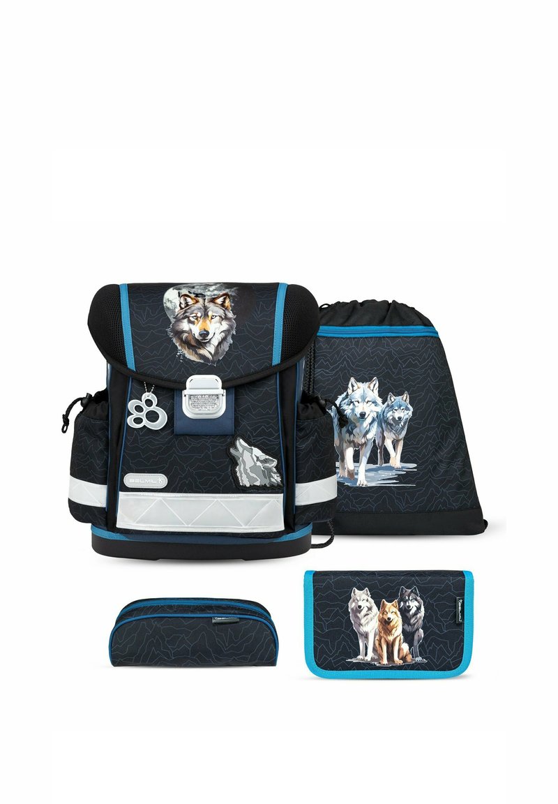 Wolf-themed backpack set featuring a black design with blue accents, textured fabric, and animal graphics. Includes a pouch and drawstring bag.