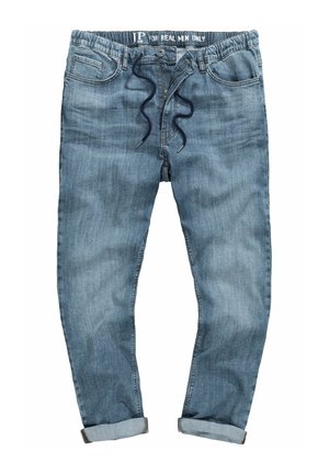 Lichtblauwe denim jeans met opgerolde pijpen, elastische tailleband en trekkoord. Heeft voorzakken en subtiele vervaging in de stof.
