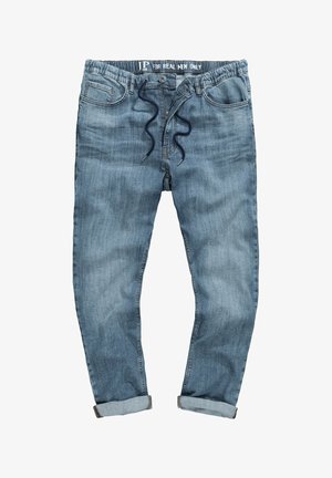 Jeans in denim azzurro chiaro con risvolti, vita elastica e cordoncino. Presentano tasche frontali e una leggera scoloritura nel tessuto.