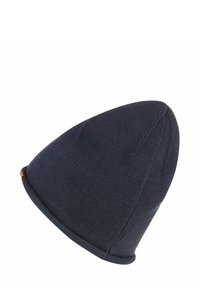Navy blue knit beanie with a rounded top and a small turned-up brim. Features a textured knit pattern and subtle stitching details.