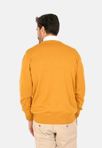 Maglione a maglia giallo senape con scollo rotondo, polsini e orlo a costine, visto da dietro, abbinato a pantaloni chiari.