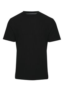 Schwarzes T-Shirt mit kurzen Ärmeln aus strukturiertem Stoff, runder Ausschnitt und geradem Schnitt. Minimalistisches Design ohne zusätzliche Muster oder Akzente.