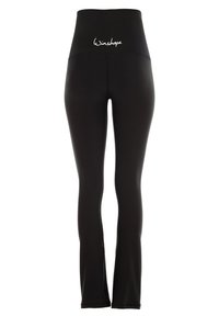 Black high-waisted leggings made of stretchy fabric, featuring a smooth texture and a white "Winshape" logo at the waistband.