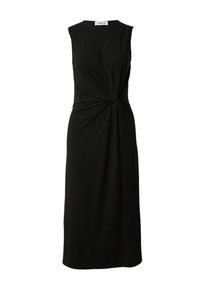 Schwarzes ärmelloses Kleid aus glattem Stoff, mit einem geknoteten Detail an der Taille und einer taillierten Silhouette. Länge bis zur Mitte der Waden.