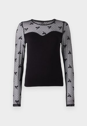 Top negro de manga larga con un cuerpo ajustado, mangas de encaje floral transparente y un escote corazón. Elaborado con una tela suave para mayor comodidad.