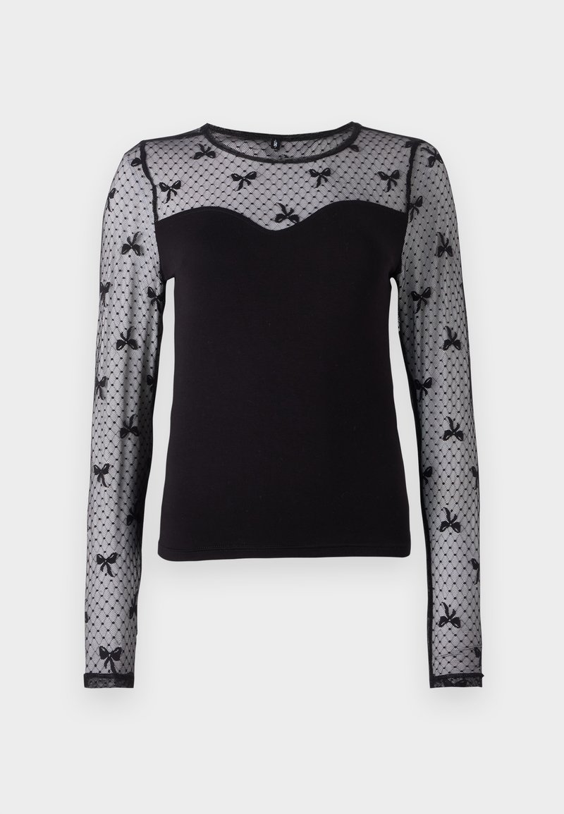 Top nero a maniche lunghe con corpo aderente, maniche in pizzo floreale trasparente e scollo a cuore. Realizzato in tessuto morbido per il massimo comfort.