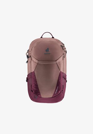 Rucksack in hellrosa mit dunkelrosa Akzenten. Verfügt über Reißverschlusstaschen, verstellbare Träger und einen oberen Griff. Das Material wirkt strapazierfähig.