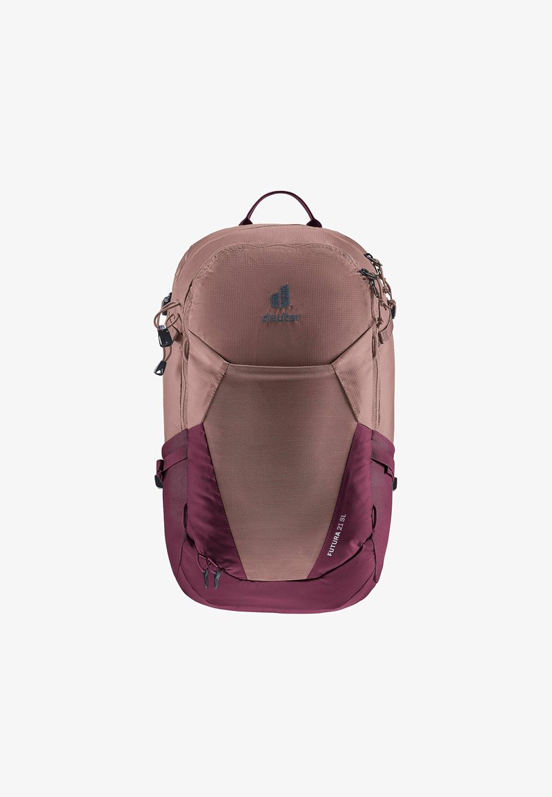 Backpack in light pink with dark pink accents. Features zippered pockets, adjustable straps, and a top handle. Material appears durable.