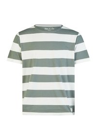 Košile s krátkým rukávem s horizontálními tmavě zelenými a bílými pruhy, kulatým výstřihem, bavlněným materiálem a štítkem v levém dolním rohu.