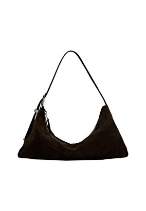 Brown suede shoulder bag with a distinctive triangular shape, featuring a single strap and a silver zipper detail. Smooth texture.