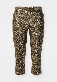 Pantalons capri en sequins dorés avec un design ajusté et une taille élastique, présentant une surface brillante et texturée qui capte la lumière.