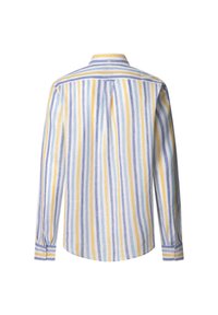 Camisa de manga larga a rayas en azul, amarillo y blanco. Presenta un collar, puños abotonados y un pliegue central en la parte posterior. Material de algodón.