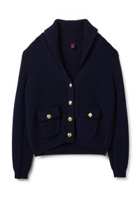 Marineblauer gerippter Cardigan mit Schalkragen, goldenen Knöpfen und zwei vorderen Taschen. Aus strukturiertem Strickmaterial gefertigt, kürzere Passform.