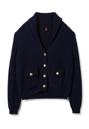 Marineblauer gerippter Cardigan mit Schalkragen, goldenen Knöpfen und zwei vorderen Taschen. Aus strukturiertem Strickmaterial gefertigt, kürzere Passform.