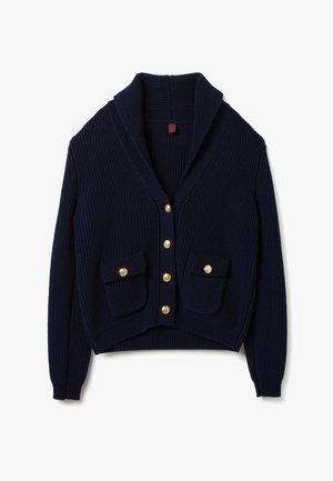 Marineblauer gerippter Cardigan mit Schalkragen, goldenen Knöpfen und zwei vorderen Taschen. Aus strukturiertem Strickmaterial gefertigt, kürzere Passform.