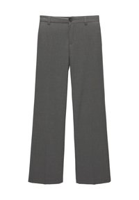 Gray wide-leg trousers with a smooth texture, featuring a front button closure and belt loops, tailored for a relaxed fit.