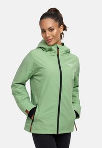 Šviesiai žalia striukė su kapišonu, pagaminta iš lygaus audinio. turi priekinius užtrauktukus, dvi šonines kišenes ir mažą logotipą ant krūtinės.