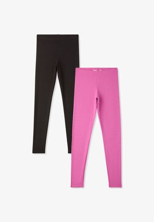 Due paia di leggings: uno nero e uno rosa. Realizzati in un materiale elastico, presentano una texture liscia, una vita alta e un design aderente.