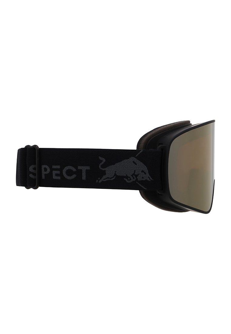 Schwarze Skibrille mit weich gepolstertem Innenfutter, breiter getönter Linse und verstellbarem Band mit grauem Logo und Texturmuster.